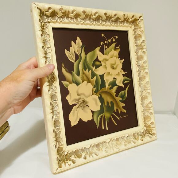 Mid Century Turner Floral Print Original Frame Maroon & Creamy White Signed - Picture 5 of 7